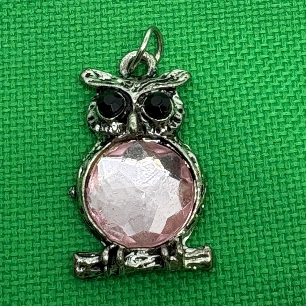 Owl Charm Pendant Pink‎ Rhinestone Silver Tone Animal Jewelry Black Onyx Eyes